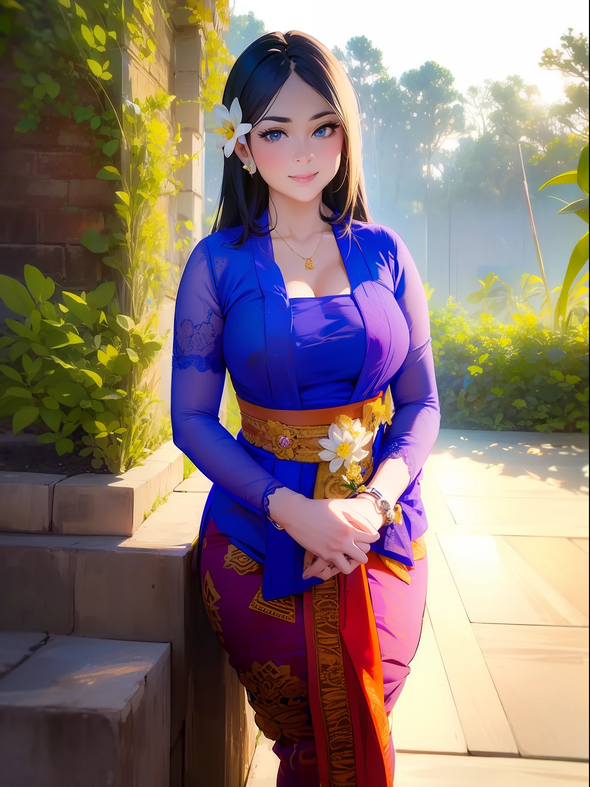 Anime-Serie, 1 Mädchen, (Blau_Kebaya_Bali), (Kebaya_Bali), Blume, Sonnenlicht, Natur, draußen, detailliertes Gesicht, detaillierte Augen, riesige Brüste, Glänzende Haut, Blick auf das Publikum, (8k, RAW-Foto, beste Qualität, Meisterwerk: 1.2), ultrahohe Auflösung