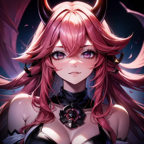 A female demon with black demon horn, ((demon horn)), cabelo cor-de-rosa extremamente longo, ((Cabelo cor-de-rosa)), White eyes ...