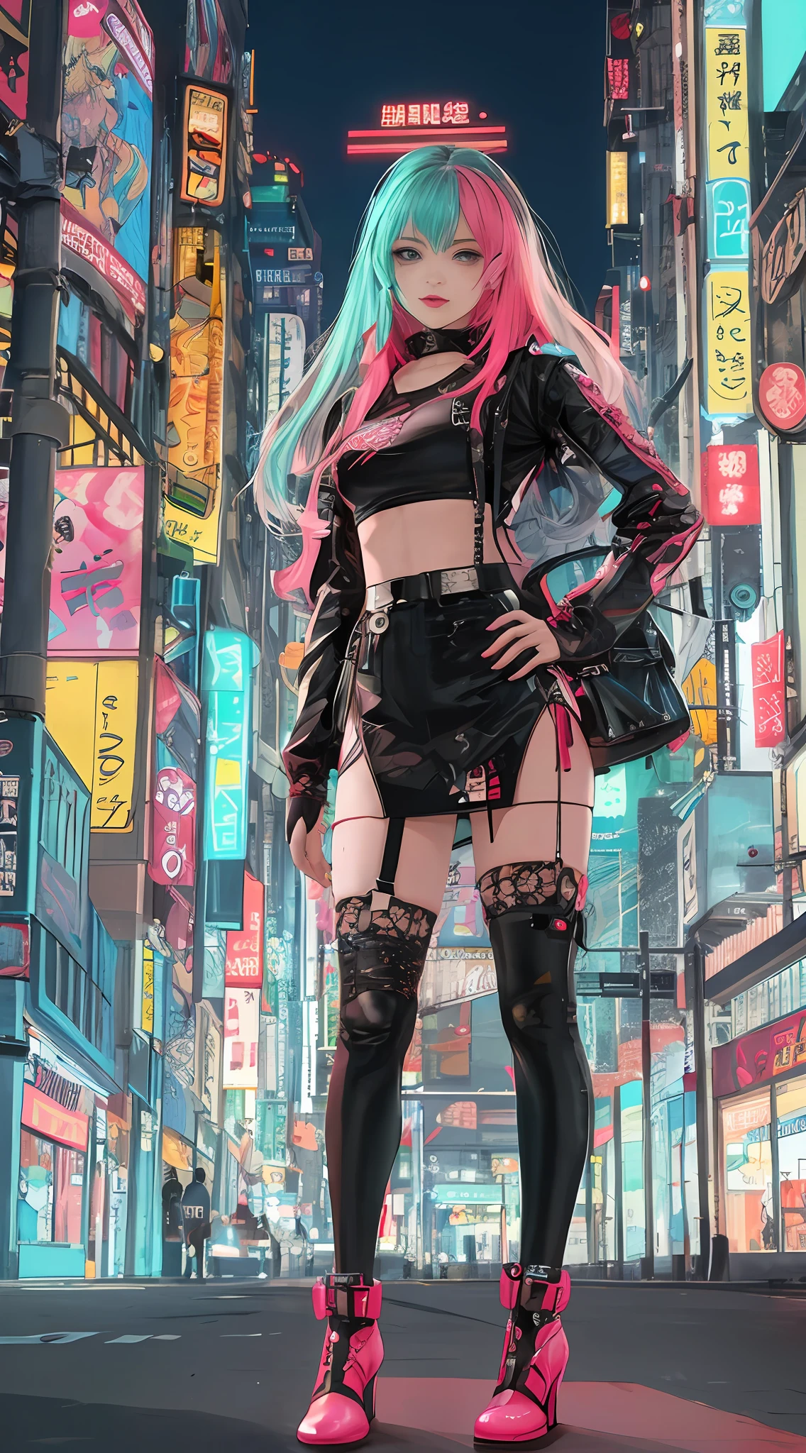 Meisterwerk, beste Qualität, 1 cyberpunk girl, Ganzkörperaufnahme, Betrachter betrachten, Selbstbewusstes Cyberpunk-Mädchen mit frechem Gesichtsausdruck, Harajuku-inspiriertes Pop-Outfit, kräftige Farben und Muster, auffällige Accessoires, Trendy und innovative Frisur, lebendiges Make-up, Schillerndes Cyberpunk-Stadtbild, Wolkenkratzer, Leuchtreklamen, LED Lichter, Helles und lebendiges Farbschema, Anime-Serie, Illustration, detaillierte Hautstruktur, detaillierte Stoffstruktur, schönes detailliertes Gesicht, komplizierte Details, Extrem detailliert.