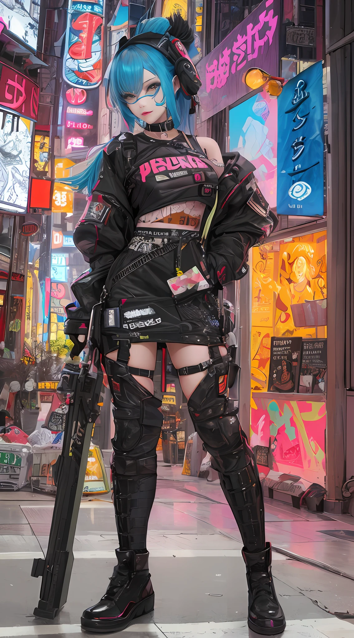 Meisterwerk, beste Qualität, 1 cyberpunk girl, Ganzkörperaufnahme, Betrachter betrachten, Selbstbewusstes Cyberpunk-Mädchen mit frechem Gesichtsausdruck, Harajuku-inspiriertes Pop-Outfit, kräftige Farben und Muster, auffällige Accessoires, Trendy und innovative Frisur, lebendiges Make-up, Schillerndes Cyberpunk-Stadtbild, Wolkenkratzer, Leuchtreklamen, LED Lichter, Helles und lebendiges Farbschema, Anime-Serie, Illustration, detaillierte Hautstruktur, detaillierte Stoffstruktur, schönes detailliertes Gesicht, komplizierte Details, Extrem detailliert.