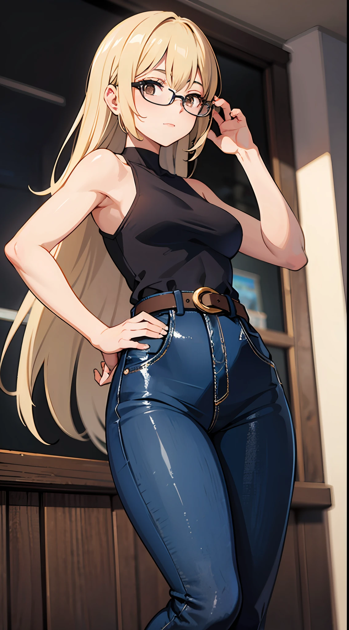 Anime girl in jeans and glasses posing for a picture - SeaArt AI