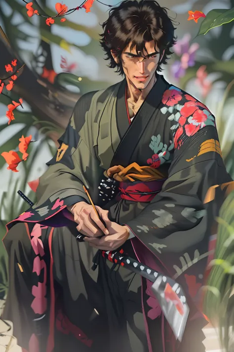 Anime,1 homem,obra de arte,((parte de cima)),(jovem),yukata masculino cinza,cachecol vermelho,cabelos longos pretos num rabo de ...