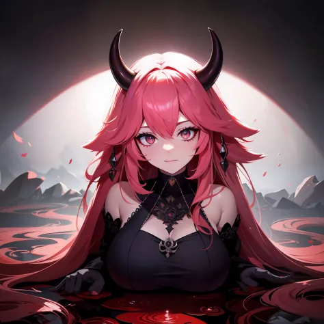 A female milf demon with black demon horn, ((demon horn)), cabelo cor-de-rosa extremamente longo, ((Cabelo cor-de-rosa)), White ...