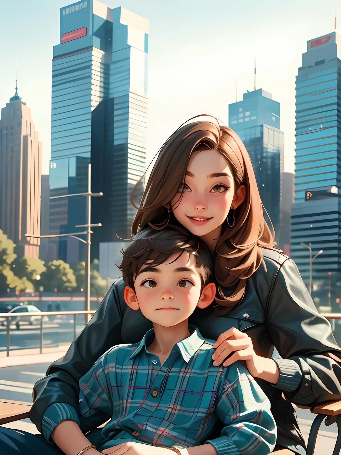 갈색 머리의 6세 소년, 그의 어머니 무릎 위에, 어깨까지 오는 갈색 머리도 있고, 현대적인 건물이 가득한 도시에서