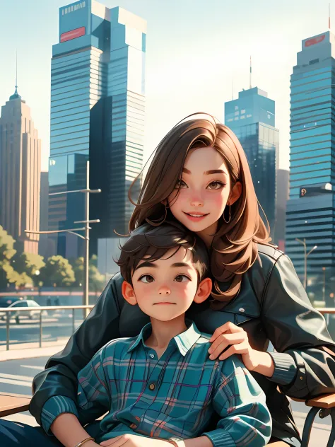6-year-old boy with brown hair, on his mother's lap, also with shoulder-length brown hair, in a city full of modern buildings