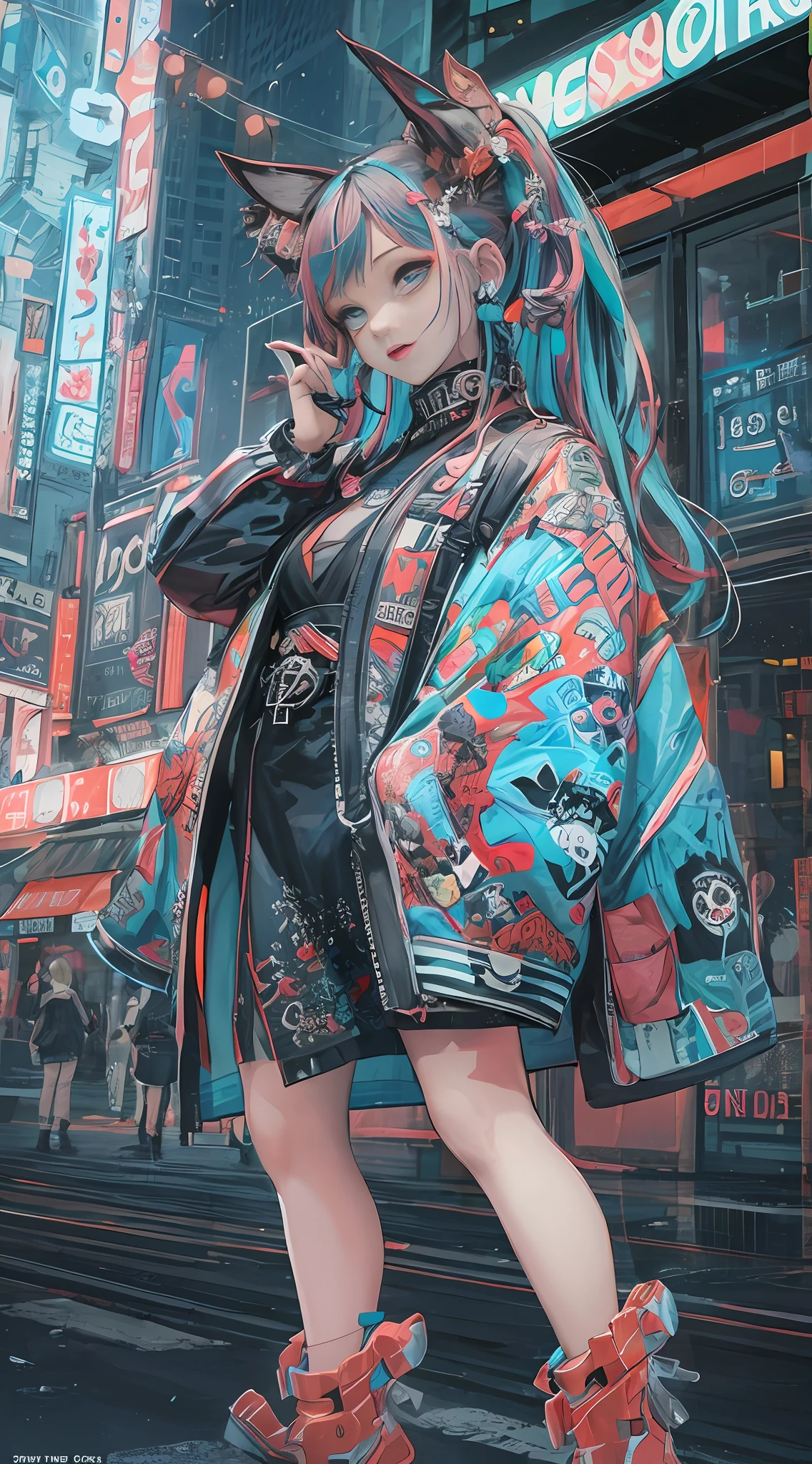 chef-d&#39;œuvre, Meilleure qualité, 1 fille cyberpunk, Prise de vue complète du corps, regarder le spectateur, fille cyberpunk confiante avec une expression impertinente, Tenue pop d&#39;inspiration Harajuku, couleurs et motifs audacieux, des accessoires accrocheurs, coiffure tendance et innovante, maquillage vibrant, Paysage urbain éblouissant Cyberpunk, grattes ciels, enseignes au néon, lumières LED, palette de couleurs vives et vives, animé, illustration, texture de peau détaillée, texture de tissu détaillée, beau visage détaillé, détails complexes, ultra détaillé.