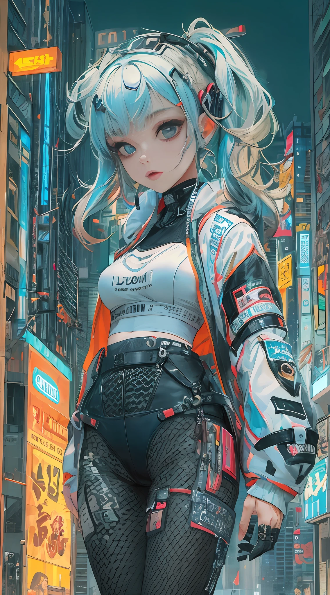 obra de arte, melhor qualidade, 1 garota ciberpunk, tiro de corpo inteiro, Olhando para o visualizador, Garota cyberpunk confiante com expressão atrevida, Roupa pop inspirada em Harajuku, Cores e padrões ousados, acessórios atraentes, penteado moderno e inovador, maquiagem vibrante, Paisagem urbana deslumbrante do Cyberpunk, arranha-céus, Placas de neon, Luzes LED, esquema de cores brilhantes e vívidas, anime, ilustração, textura detalhada da pele, textura detalhada de pano, Lindo rosto detalhado, detalhes intrincados, ultra detalhado.