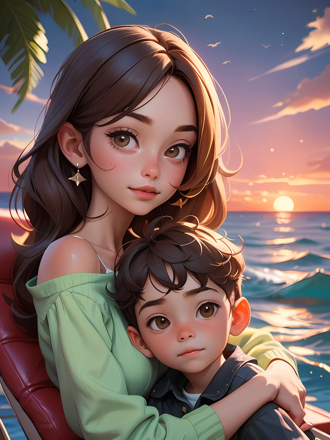 6-year-old boy with brown hair, on his mother's lap, also with brown hair and shoulder length, with the sea in the background at sunset