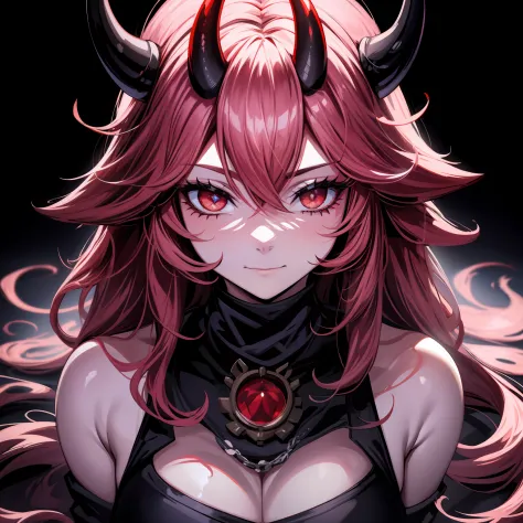 A female milf demon with black demon horn, ((demon horn)), cabelo cor-de-rosa extremamente longo, ((Cabelo cor-de-rosa)), White ...