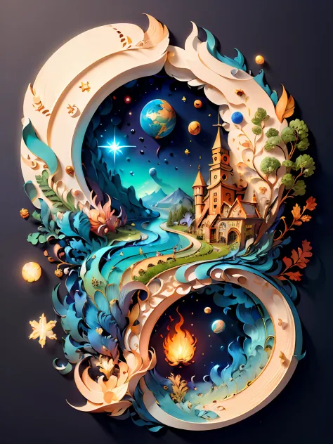 (((masterpiece))),best quality, illustration, earth, water ,fire, wind , space  , paper_cut,