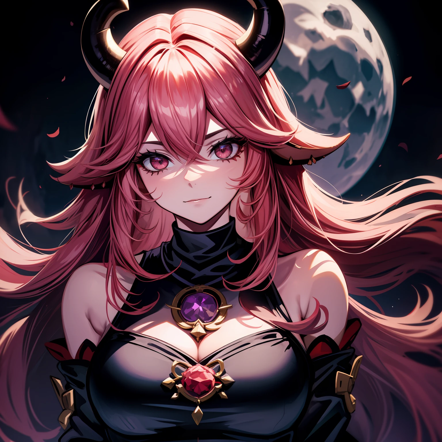 A female milf demon with black demon horn, ((demon horn)), extremely long pink rapunzel hair, ((pink hair)), White eyes of the demon, ((eye white)), voluminous body with huge breasts and bust, ((huge breast and bust)), black torn clothing with open chest, black background with moon and chains and the ground is made of a red liquid, wicked and empty look with no shine in the eyes, fashion realistic, sysie high definition details, fot, perspicacity, unique 850 4, Koda850 k portrait camera, Spring F1.6, rich colors, super realistic texture, spectacular light texture, SurrealArt, Cinestil 800 Fashion Mechanism
