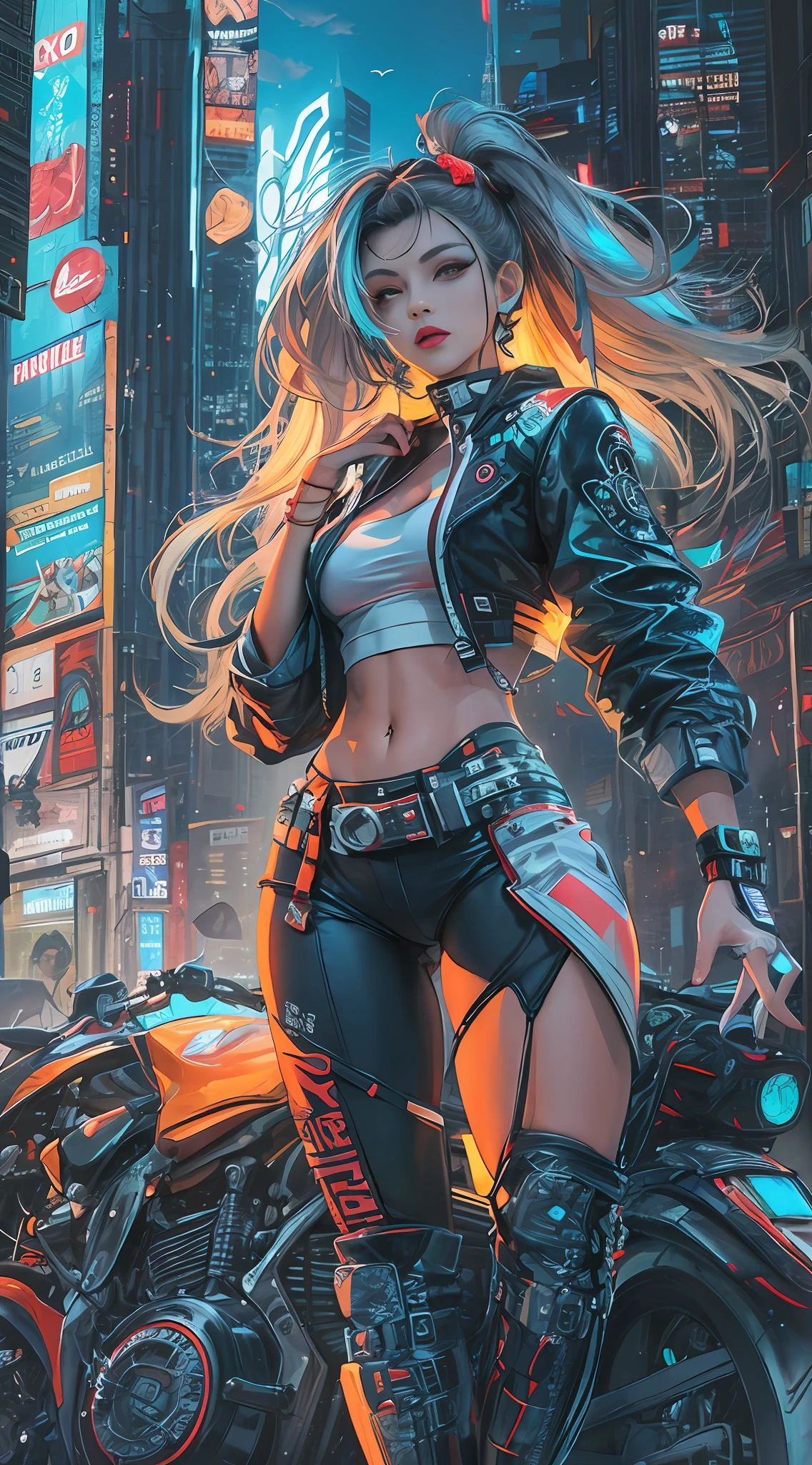 chef-d&#39;œuvre, Meilleure qualité, 1 fille cyberpunk, Prise de vue complète du corps, debout à côté d&#39;une moto, fille cyberpunk confiante avec une expression impertinente, Tenue pop d&#39;inspiration Harajuku, couleurs et motifs audacieux, des accessoires accrocheurs, coiffure tendance et innovante, maquillage vibrant, Paysage urbain éblouissant Cyberpunk, grattes ciels, enseignes au néon, lumières LED, palette de couleurs vives et vives, animé, illustration, texture de peau détaillée, texture de tissu détaillée, beau visage détaillé, détails complexes, ultra détaillé.