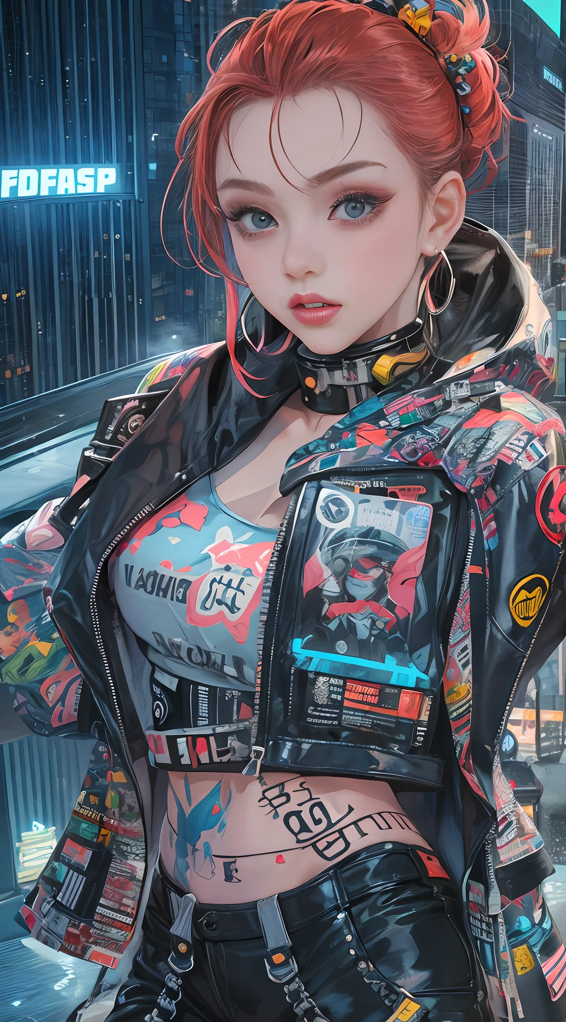 chef-d&#39;œuvre, Meilleure qualité, 1 fille cyberpunk, Prise de vue complète du corps, debout à côté d&#39;une moto, fille cyberpunk confiante avec une expression impertinente, Tenue pop d&#39;inspiration Harajuku, couleurs et motifs audacieux, des accessoires accrocheurs, coiffure tendance et innovante, maquillage vibrant, Paysage urbain éblouissant Cyberpunk, grattes ciels, enseignes au néon, lumières LED, palette de couleurs vives et vives, animé, illustration, texture de peau détaillée, texture de tissu détaillée, beau visage détaillé, détails complexes, ultra détaillé.