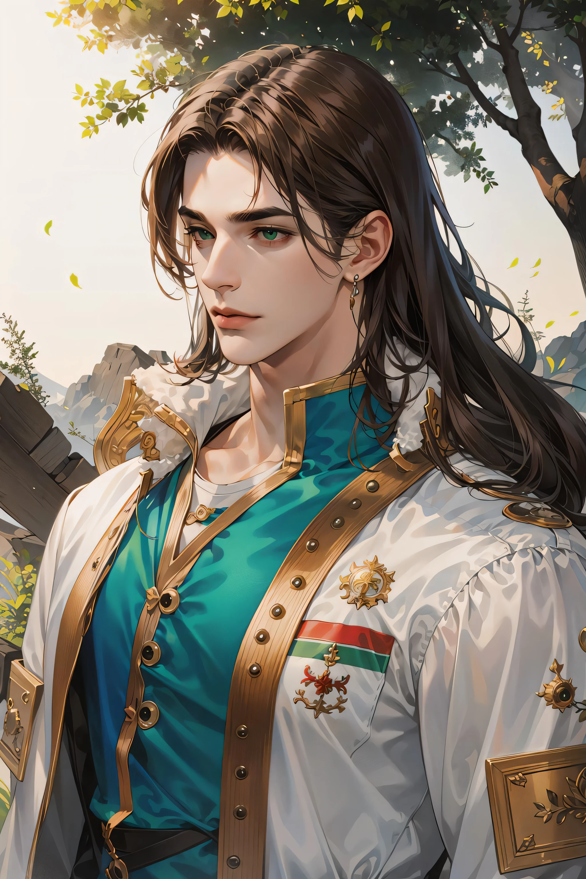 (absurdres, highres, ultra detailed), (1 male, solo, adult, mature, aged up, tall muscular guy, broad shoulders, handsome), wavy brown hair, green eyes, (angular jaw, thick neck, thick eyebrows), BREAK, forest, fantasy, Uniform, extremely detailed face, upper body,