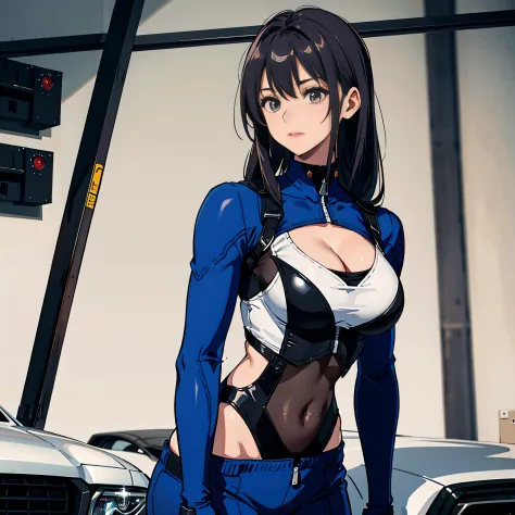 1girll,Solo,Zero, Slender, big breasts beautiful, Young, Little woman, Coveralls,a repairman,tightsuit, White crop top,navel,cleavage,Large breasts,The Car,Garage,garage