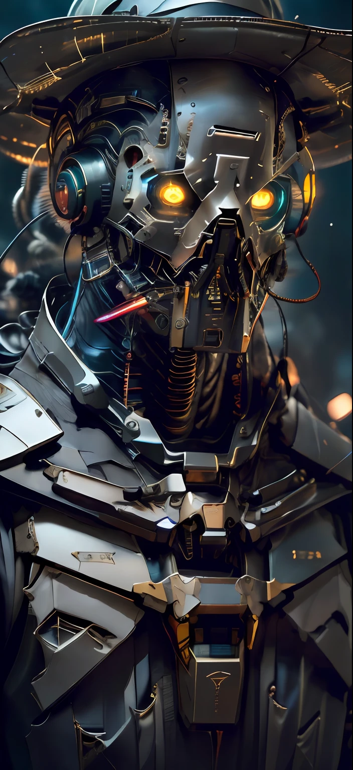 (dark shot:1.4), 80mm, 1mechanical girl,((ultra realistic details)), portrait, global illumination, shadows, octane render, 8k, ultra sharp,metal,intricate, ornaments detailed, cold colors, egypician detail, highly intricate details, realistic light, trending on cgsociety, glowing eyes, facing camera, neon details, mechanical limbs,blood vessels connected to tubes,mechanical vertebra attaching to back,mechanical cervial attaching to neck,sitting,wires and cables connecting to head, soft light, sharp, exposure blend, medium shot, bokeh, (hdr:1.4), high contrast, (cinematic, teal and orange:0.85), (muted colors, dim colors, soothing tones:1.3), low saturation, (hyperdetailed:1.2), (noir:0.4), cowboy aesthetic, bounty hunter aesthetic, cowboy hat, gunslinger aesthetic, male, 1guy, robot,