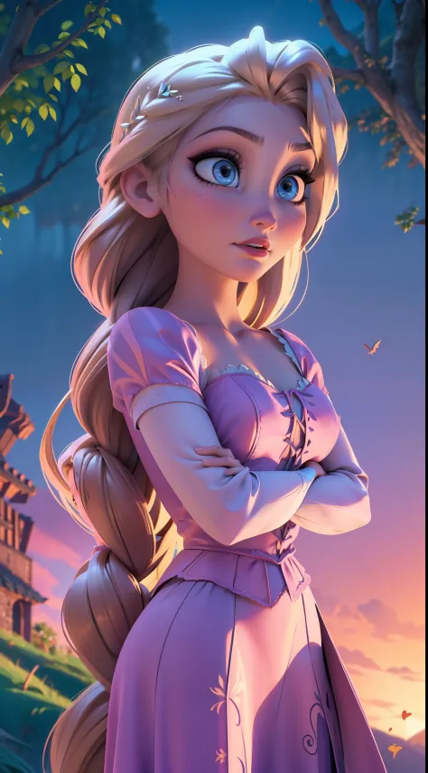 Elsa-Rapunzel Fusion, Mesclando modelos, Roupas da Rapunzel, melting, 1girl, Beautiful, Character, Woman, Female, (master part:1.2), (melhor qualidade:1.2), (Solo:1.2), ((pose de luta)), ((campo de batalha)), cinemactic, olhos perfeitos, pele perfeita, per...