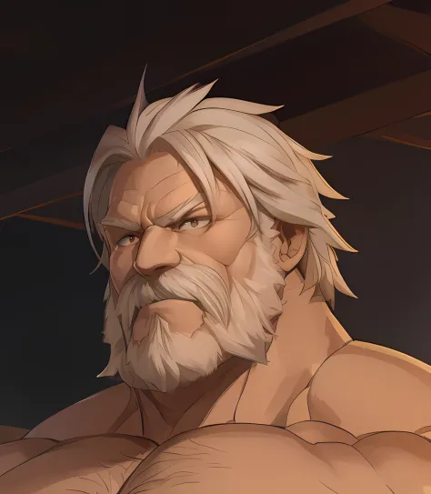 (a weathered and powerful ninja with a muscular build, old man)