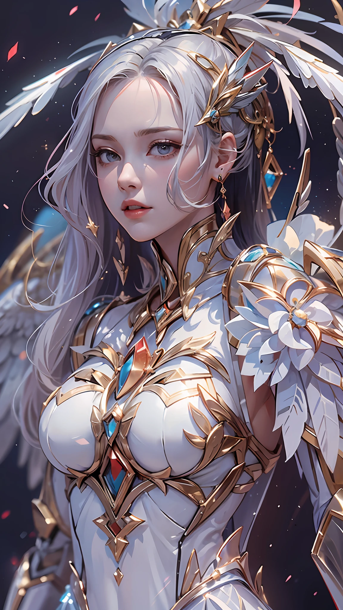 a beauty girl，As graceful as a swan，Enchanting，long  white hair，Red body，White hands，future-tech，fully body photo，standing on your feet，dreamy scenes，Valkyrie，dyna，super detailing，celshaded，8K detail post-processing，magnifica，hyper photorealism，8K，Epic composition，Complicated details，unreal-engine，Holy Angel Mecha，Mechanical exoskeleton，flower  sea，eventide，Angel Maiden，Angel wings，a white long skirt，Gold lace，combats，Combat posture