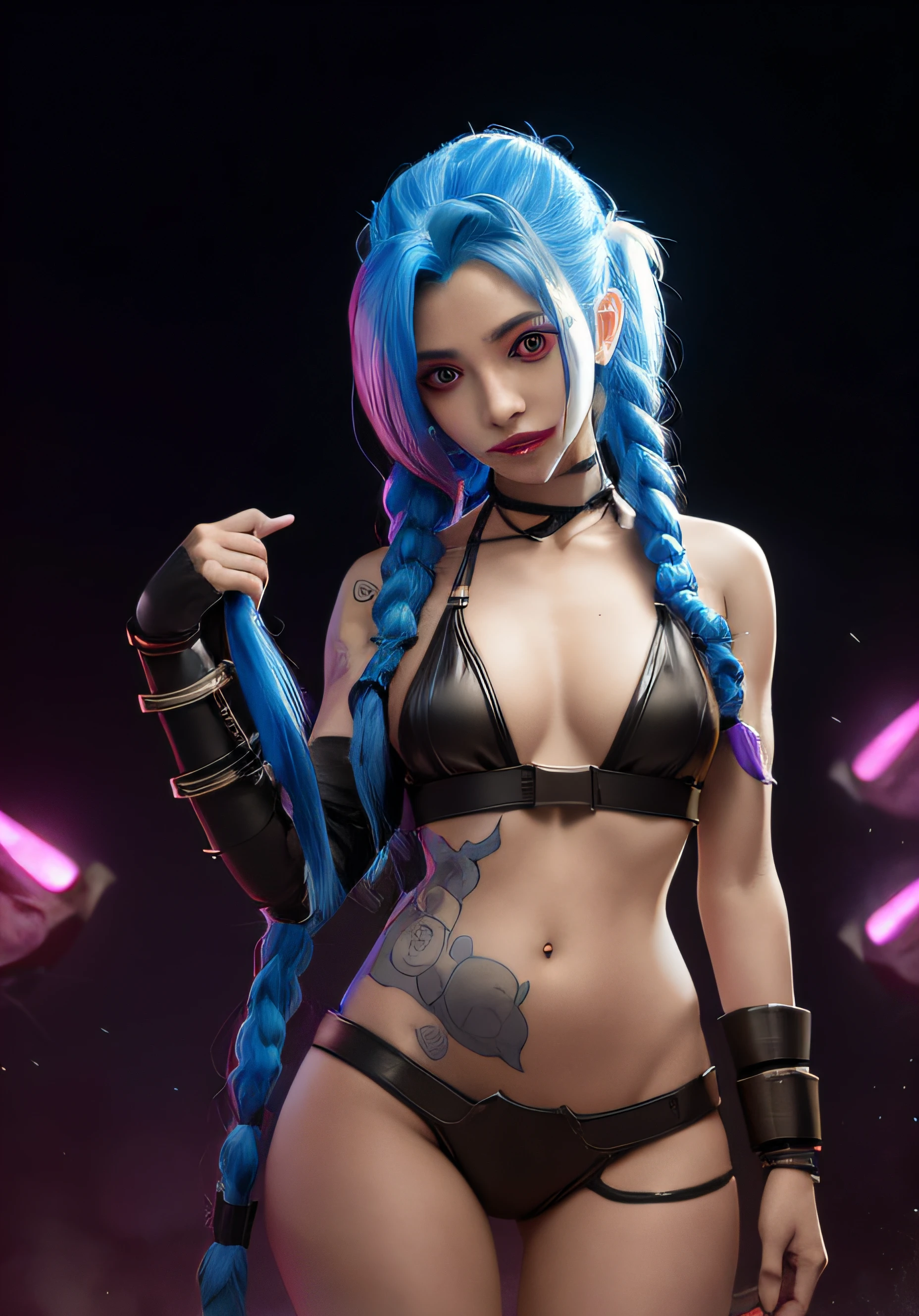 A woman with blue hair and a black bikini posing for a picture - SeaArt AI