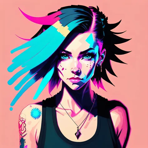 snthwve style nvinkpunk award winning half body portrait of a woman in a croptop and cargo pants with ombre navy blue teal hairstyle with head in motion and hair flying, paint splashes, splatter, outrun, vaporware, shaded flat illustration, digital art, tr...