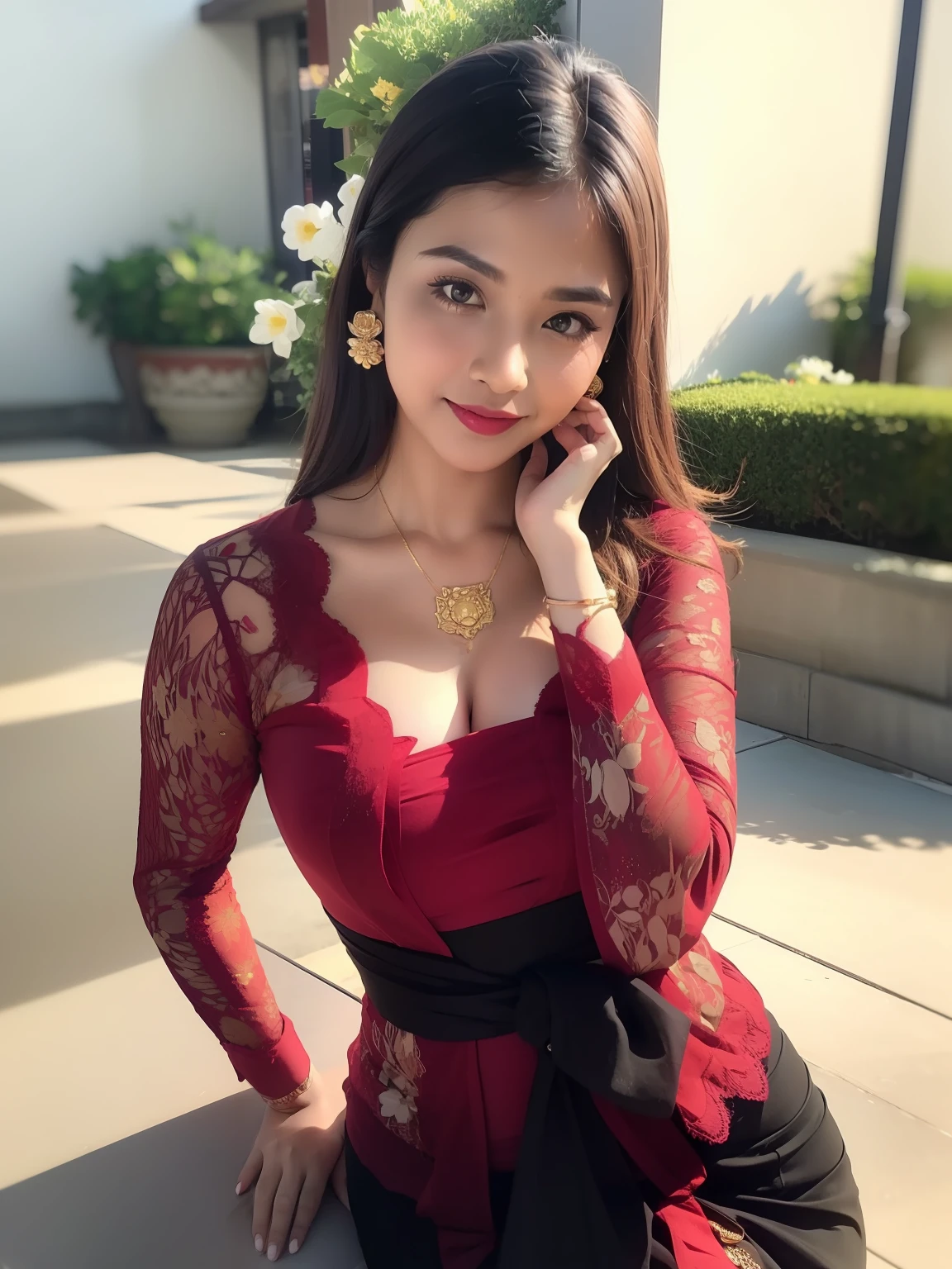 photography, woman,  portrait of woman wearing kebaya_bali in black long kebaya dress traditional, red lipstick, golden necklace, earrings, ornate, detail, flowers, blurry background, soft focus