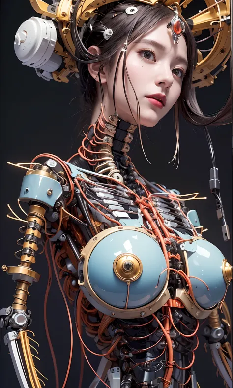 (((​masterpiece)))、((top-quality))、(The ultra-detailliert)、、(Very noble and beautiful))、Cinematic Light、((1 Mechanical Girl))、White porcelain body、Goldsmith、Sumerian details、Hydraulic cylinder、Steampunk details、a purple eye、Colossal tits、The cleavage is vi...