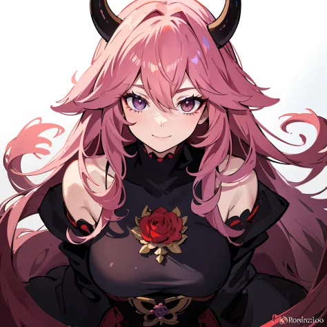 A female milf demon with black demon horn, ((demon horn)), cabelo de rapunzel cor-de-rosa extremamente longo, ((Cabelo de rapunz...