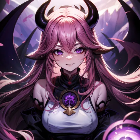 A female milf demon with black demon horn, ((demon horn)), cabelo de rapunzel cor-de-rosa extremamente longo, ((Cabelo de rapunz...
