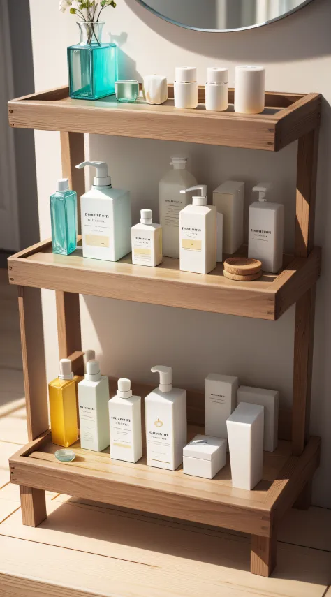 Envision a skin care product line-up in a setting that's reminiscent of a peaceful morning in a minimalist Scandinavian home，There are several bottles of women's skincare products，Bottle combinations of various shapes，There is perfume inside，There are crea...