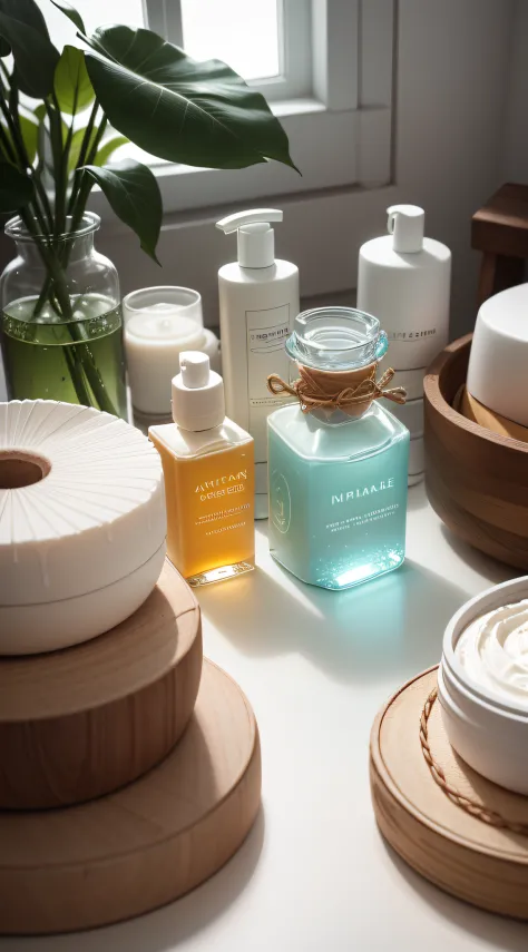 Envision a skin care product line-up in a setting that's reminiscent of a peaceful morning in a minimalist Scandinavian home，There are several bottles of women's skincare products，Bottle combinations of various shapes，There is perfume inside，There are crea...