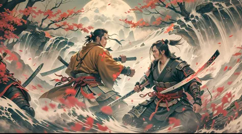 fight of two samurai battling, with several wounds on the body, in a beautiful, stunning environment
