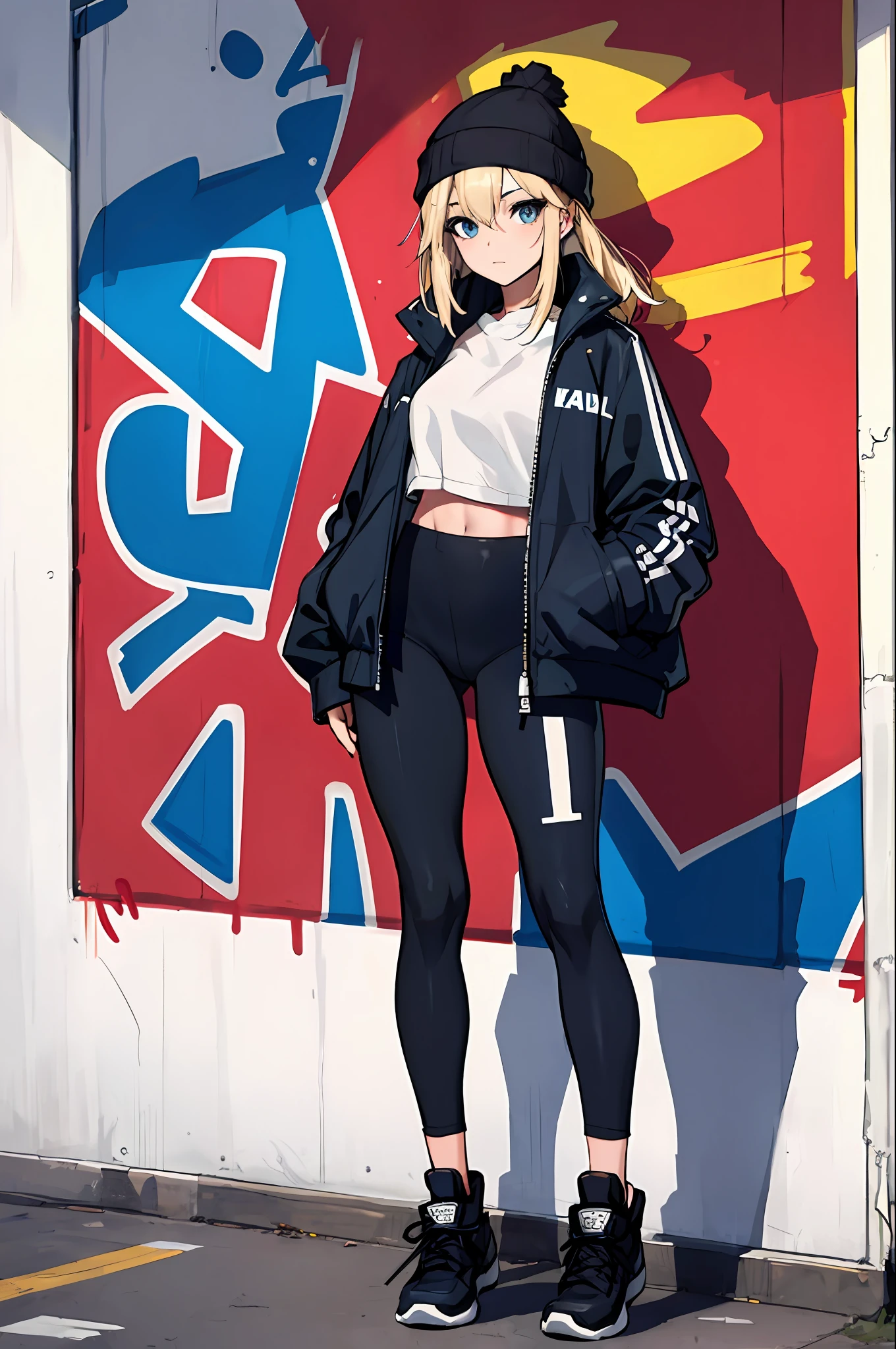 (masterpiece:1.2, best quality), (graffiti wall:1.2), 1lady, beanie, jacket, Leggings, blue eyes, fullbody,