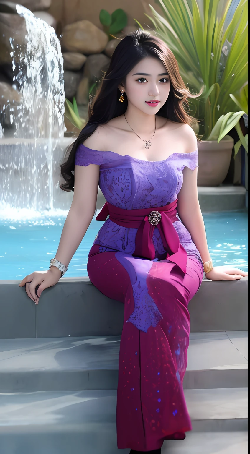 Araffe femme asiatique en robe violette assise sur un rebord à côté  d'une fontaine - SeaArt AI