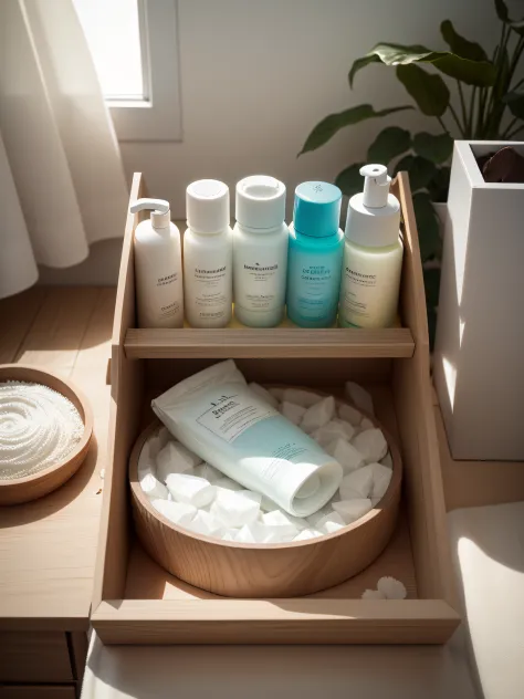 Envision a skin care product line-up in a setting that's reminiscent of a peaceful morning in a minimalist Scandinavian home，There are several bottles of women's skincare products，A combination of bottles of various shapes，Natural light filters in, casting...