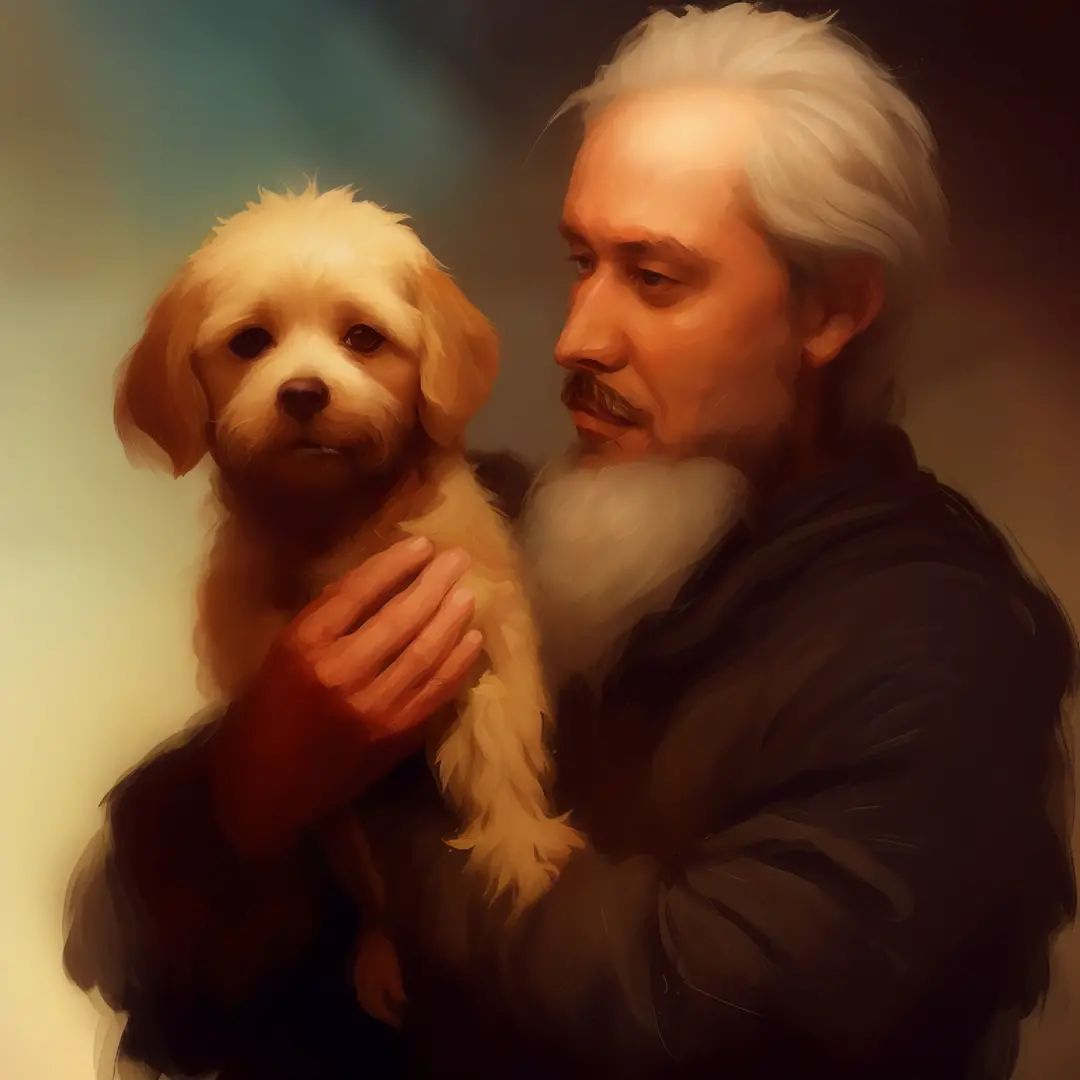 painting of a man holding a dog in his arms, Wadim Kashin. ultra realistic, Directed by: Vladimir Novak, Directed by: Zou Zhe, D...