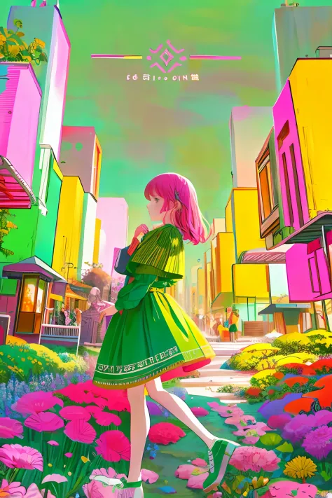 a color, limited palette, Colorful, scenery, 1girll, Rainbow, Green City,, Detailed background, Masterpiece, Best quality,