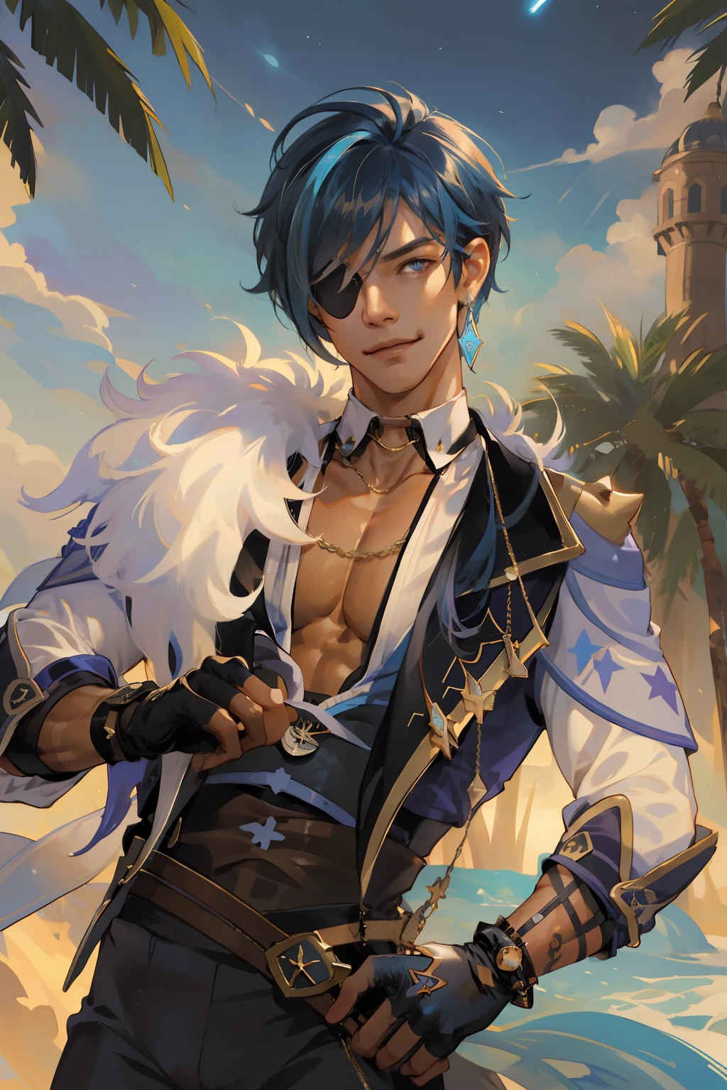 (absurdres, highres, ultra detailed), 1 male, young man, tan skin. eyepatch on right eye, blue hair, dramatic lighting, detailed, masterpiece, kaeya (genshin impact), 1man, male focus, eyepatch, dark-skinned male, gloves, solo, jewelry, blue hair, earrings, blue eyes, single earring, dark skin, bangs, black gloves, smile, mature, handsome, tall muscular guy, broad shoulders, fingerless gloves, sunset in arabic city, trees and buildings, mature, handsome, tall muscular guy, broad shoulders,