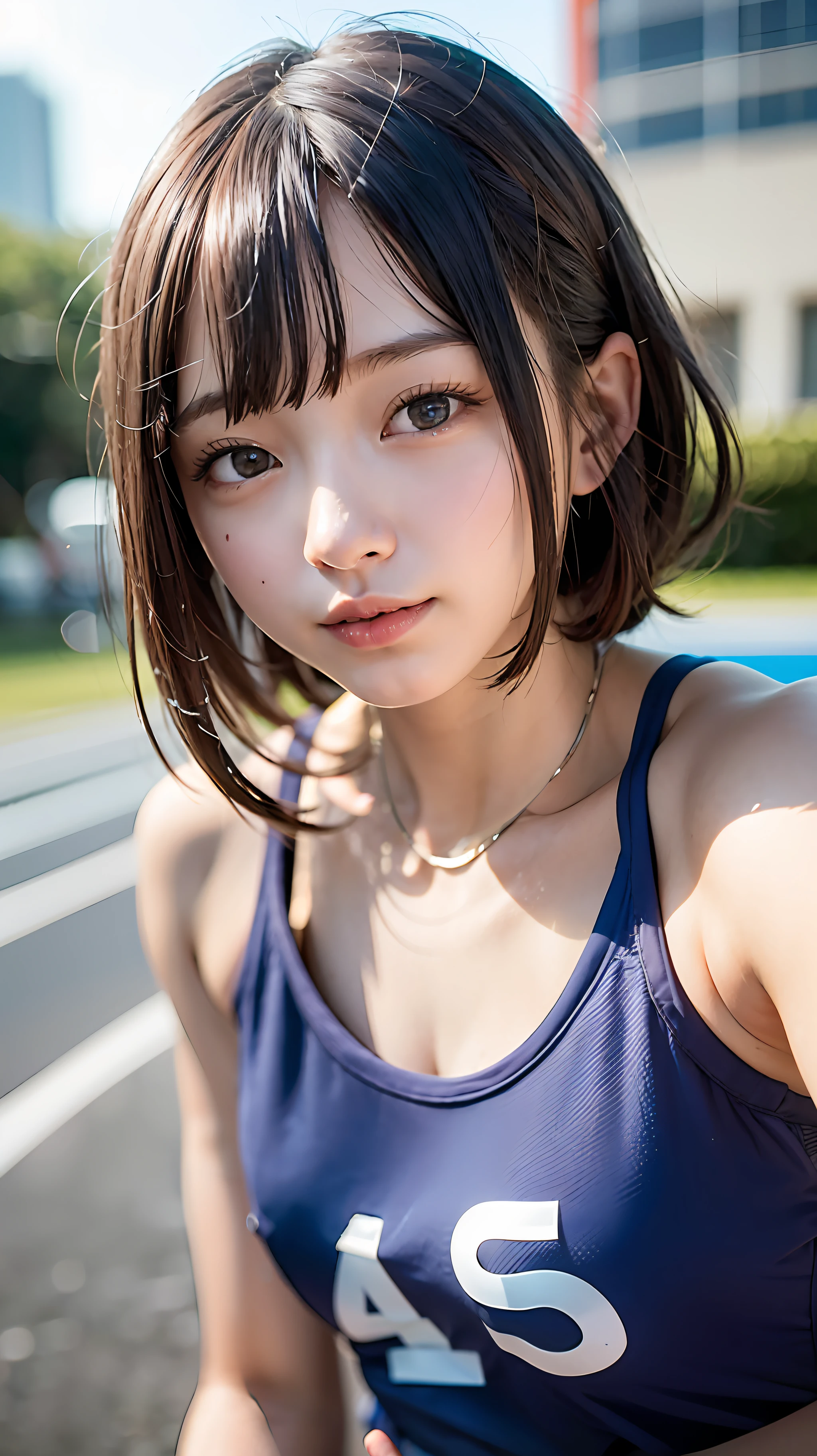 Before the start of track and field sprinting、（Blue uniform for athletics）、{Exposed tank top、Wearing high-leg bloomers}、（abdomen exposure）、（Wrist exposed）、a closeup、cosplay foto、Anime Cosplay、middlebreasts、Raw photography, top-quality, hight resolution, (​masterpiece), (Photorealsitic:1.4), professional photograpy, sharp focus, nffsw, 8K resolution, intricate detailes,  depth of fields, extremely detailed CG Unity、8k wallpaper, front lit, girl with, （kawaii）、beautiful supermodel, A smile、Short bob hair、A slender、free pose、dynamic ungle