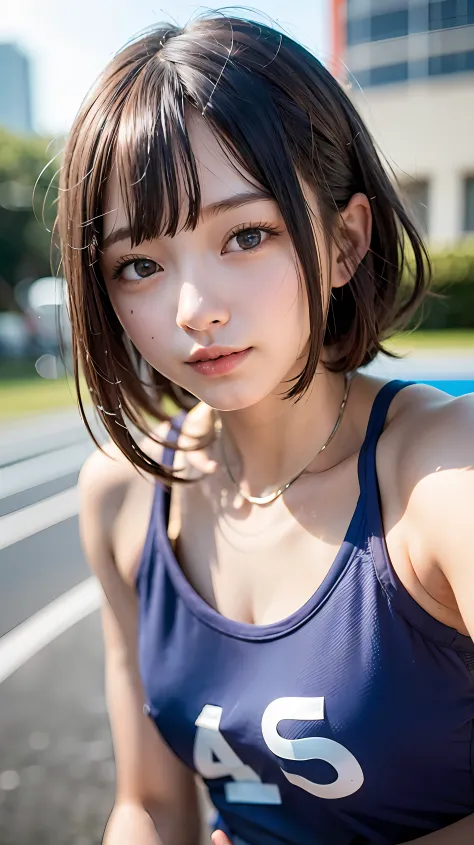Before the start of track and field sprinting、（Blue uniform for athletics）、{Exposed tank top、Wearing high-leg bloomers}、（abdomen exposure）、（Wrist exposed）、a closeup、cosplay foto、Anime Cosplay、middlebreasts、Raw photography, top-quality, hight resolution, (​...