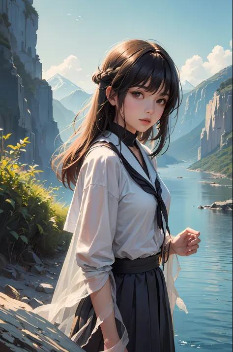In the art of image generation, we aim to craft a narrative that transcends the ordinary. The protagonist of this narrative is a Japanese high school girl of incomparable beauty, standing front and center in a landscape that echoes the fantastical realms o...