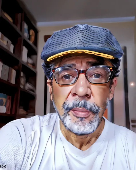 man with glasses and hat on video call, arauto ortega, pepe moreno, dom ramon, edu souza, miguel vicente, miguel iglesias, gui g...