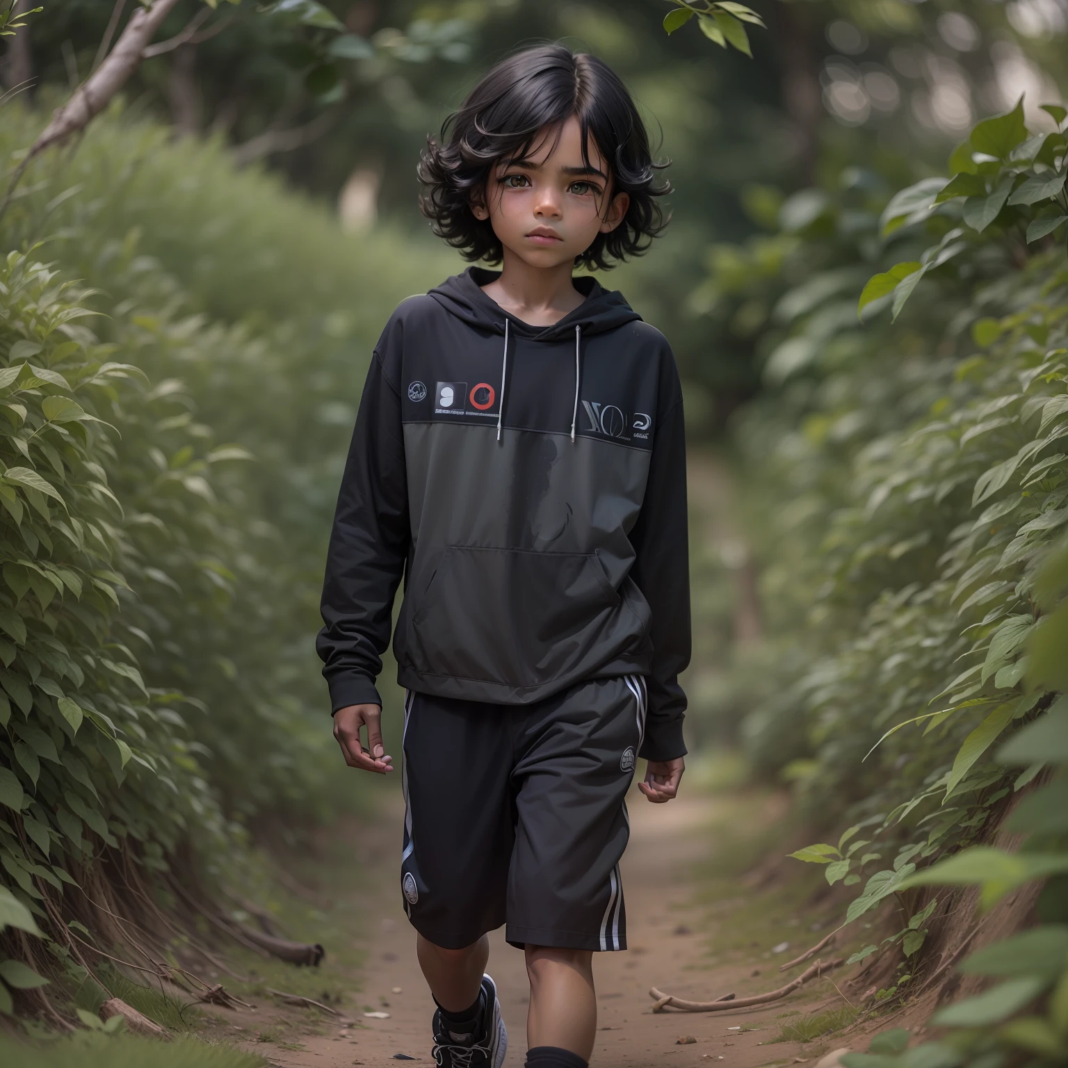 "(8k, foto raw, melhor qualkor, high resolution) 1 black boy (kid, medium straight hair, color black, kor: 12 year old) running in a wide green field."