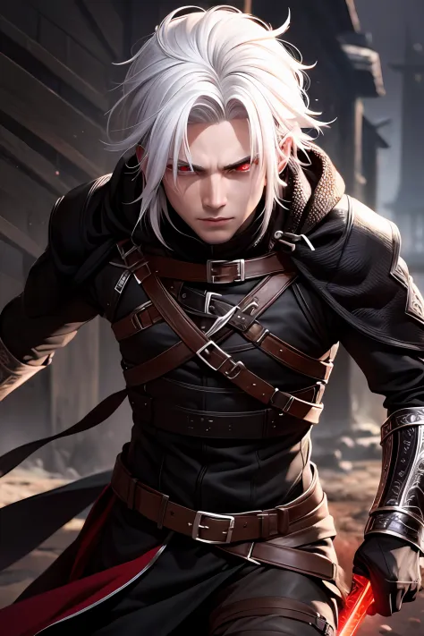 (extremely detailed 8k wallpaper), a medium shot of a fearful rogue, male, male focus, white hair, red eyes, dark skin, black cl...