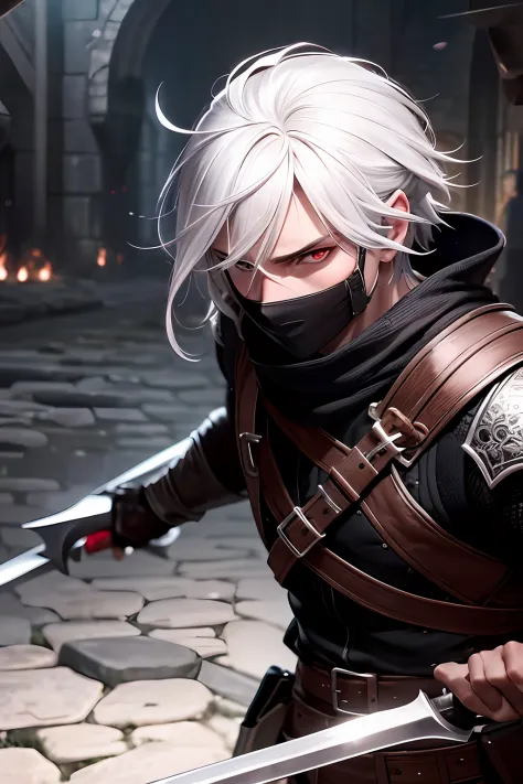 (extremely detailed 8k wallpaper), a medium shot of a fearful rogue, male, male focus, white hair, red eyes, dark skin, black cl...