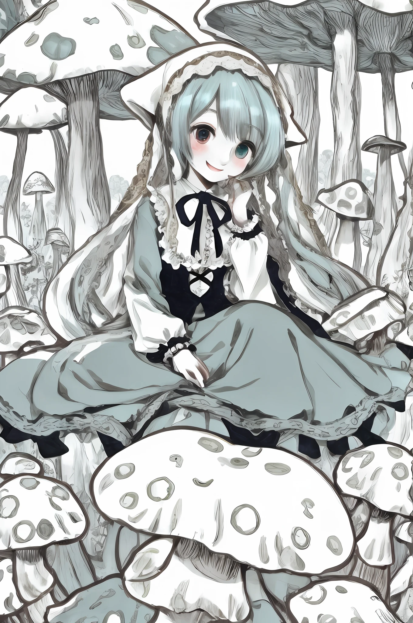 1girl instead of a face sits at a laptop mushroom forest, solo, smile, suiseiseki, bonnet, head scarf, heterochromia, green dress, neck ribbon, twin drills,