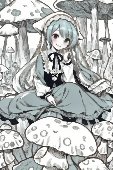 1girl instead of a face sits at a laptop mushroom forest, solo, smile, suiseiseki, bonnet, head scarf, heterochromia, green dres...