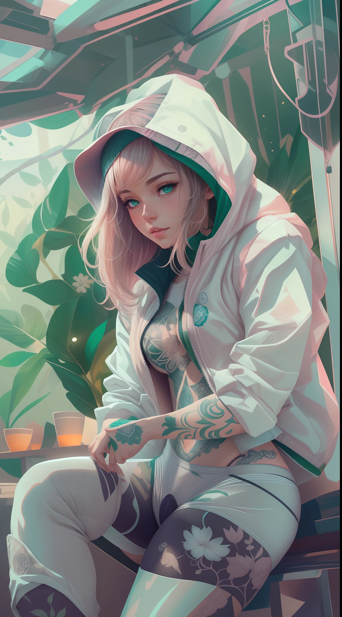 1 jolie fille sexy avec une veste techwear blanche et verte avec une culotte blanche(orteil de chameau), tatouages, mandalas, fractales, Station artistique, société cg, illustrations de Pascale Campion