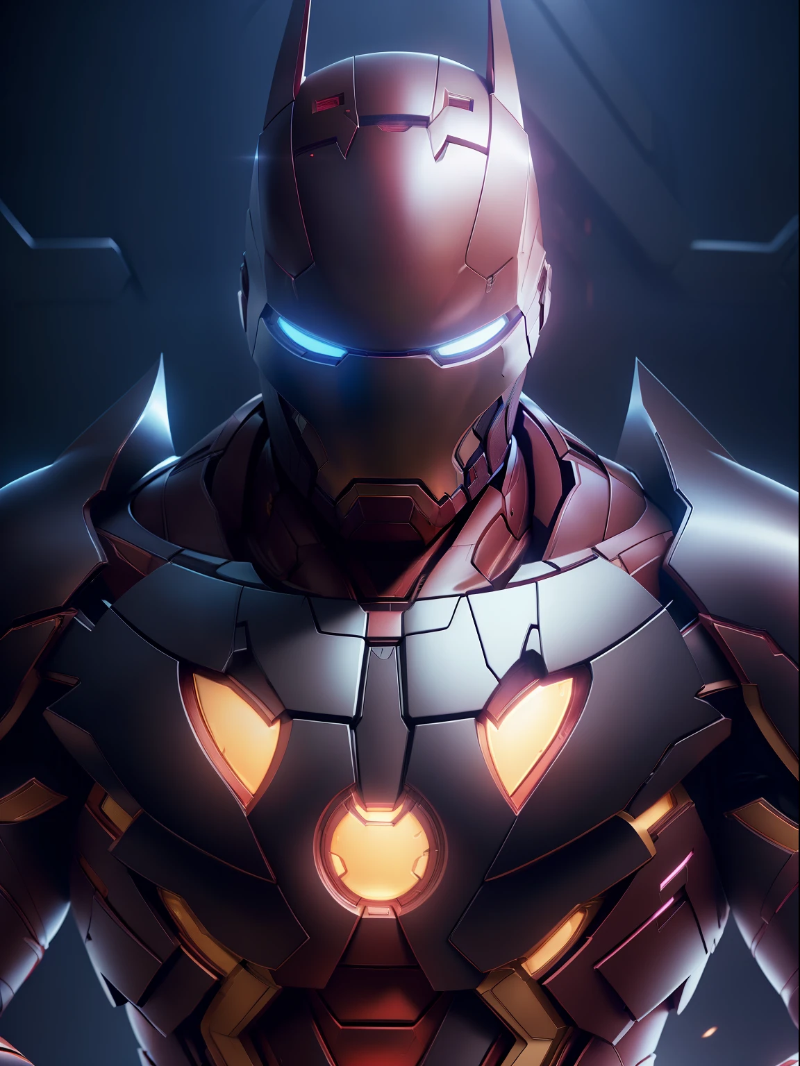 Modelshooting-Stil, Batman Iron Man Fusion, komplizierte Wärmeverformungsdesigns, elegant, sehr detailliert, scharfer Fokus, art by Artgerm and Greg Rutkowski and WLOP, Meisterwerk,ultra-realistisch,32k,extrem detailliertes CG Unity 8k-Hintergrundbild, beste Qualität