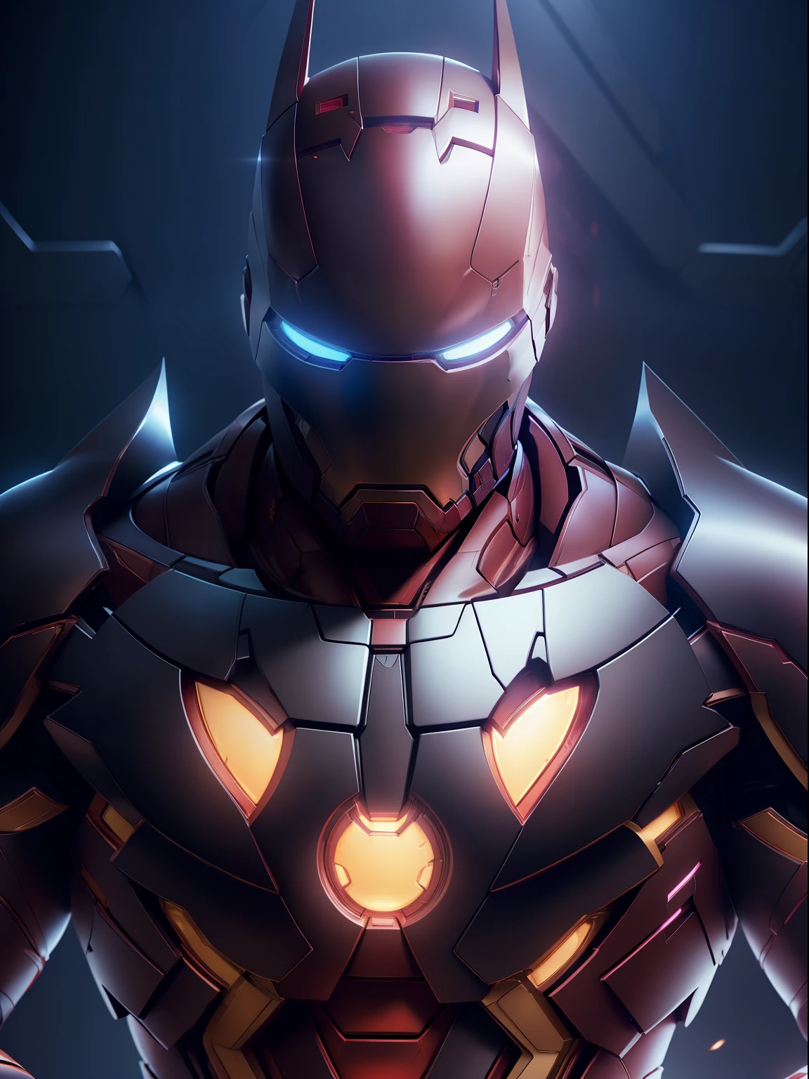 modelshoot style, batman Iron man fusion, intricate heat distortion designs, elegant, highly detailed, sharp focus, art by Artgerm and Greg Rutkowski and WLOP, masterpiece,ultra realistic,32k,extremely detailed CG unity 8k wallpaper, best quality